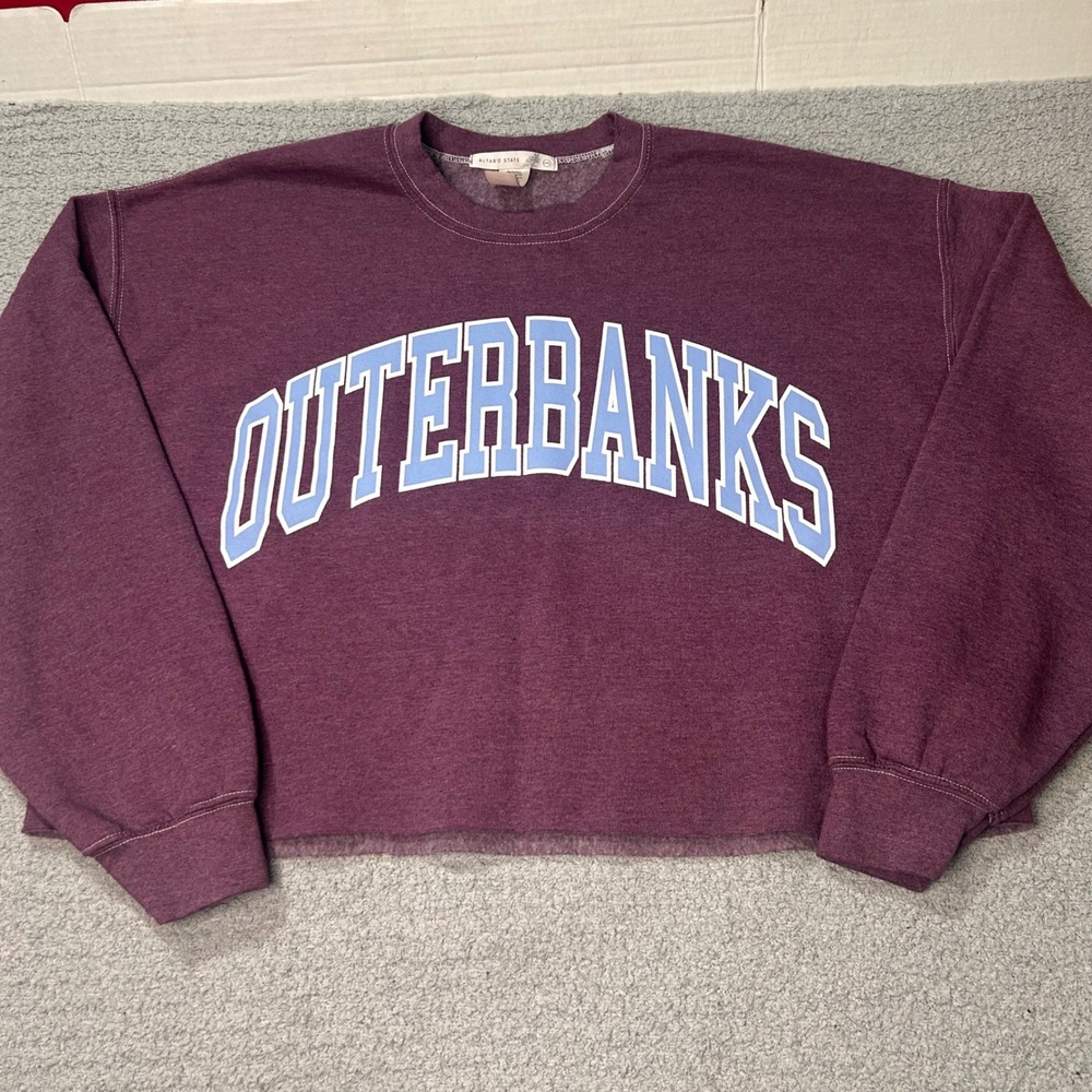 Altar'd State Sweatshirt Outer Banks L/XL Purple Cropped Coastal Boho Varsity - Picture 1 of 6